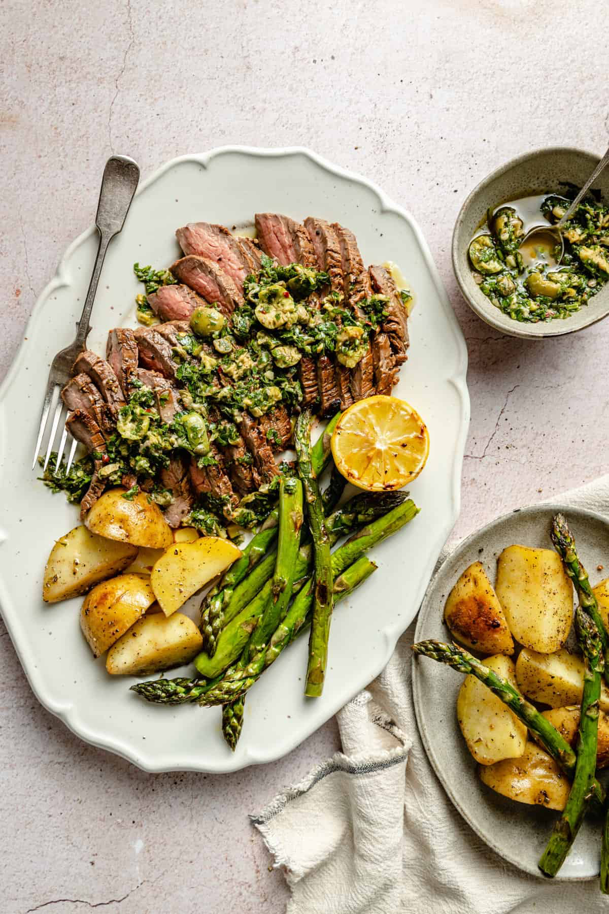 Grilled Steak with Chimichurri, Roasted Potatoes, and Asparagus